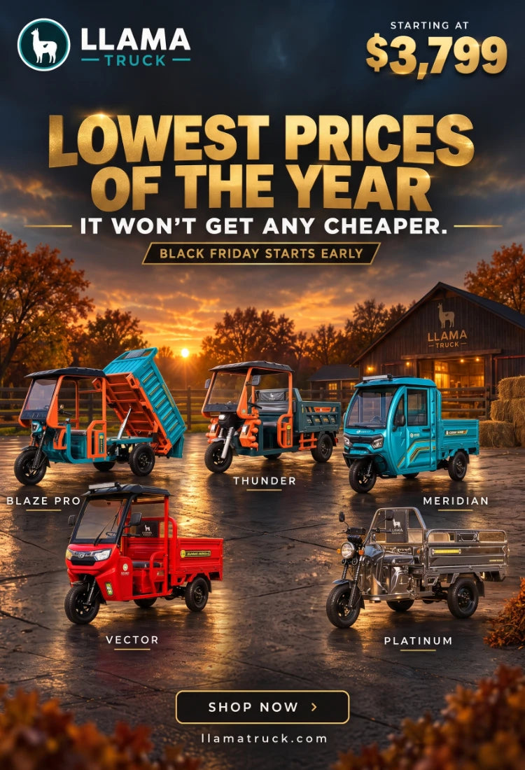 LLAMA TRUCK Black Friday Deals mobile banner - Lowest prices starting at $3,799 on electric utility vehicles including Blaze Pro, Thunder, Meridian, Vector, and Platinum models