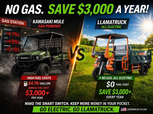 LLAMA Truck Thunder electric utility vehicle vs Kawasaki MULE gas UTV comparison on a farm in 2026