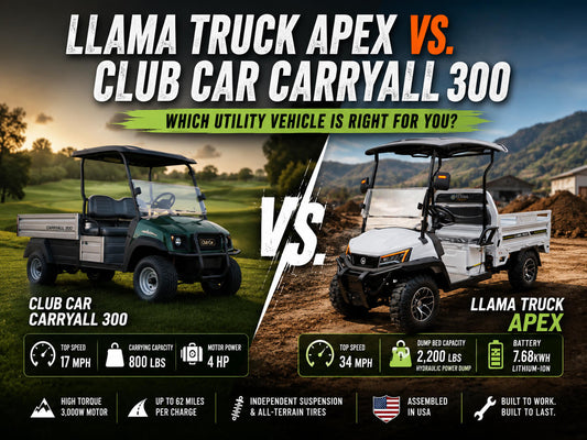 LLAMA Truck Apex compared with Club Car Carryall 300, highlighting 34 MPH top speed, 2,200 lb hydraulic dump bed, lithium battery system, and electric utility vehicle performance.