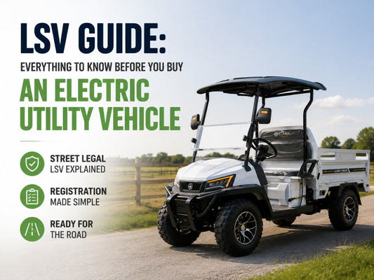 LLAMA Truck electric utility vehicle with LSV classification guide showing street legal registration and road-ready features