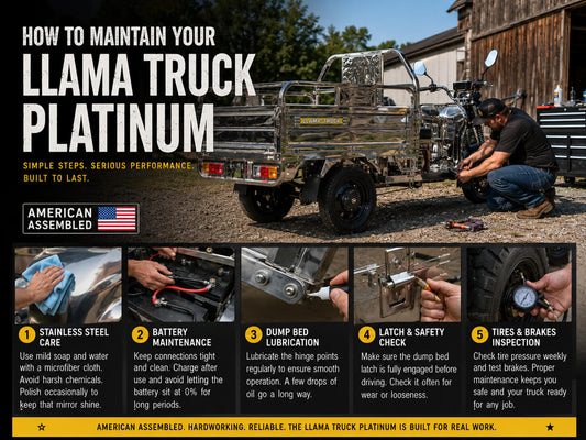 LLAMA Truck Platinum American assembled stainless steel electric utility truck maintenance guide showing cleaning, battery care, lubrication, and tire inspection steps