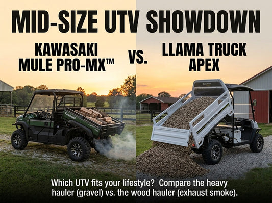 A side-by-side comparison of a green gas Kawasaki MULE PRO-MX with exhaust smoke and a white electric Llama Truck Apex using its hydraulic power dump bed to unload gravel on a farm.