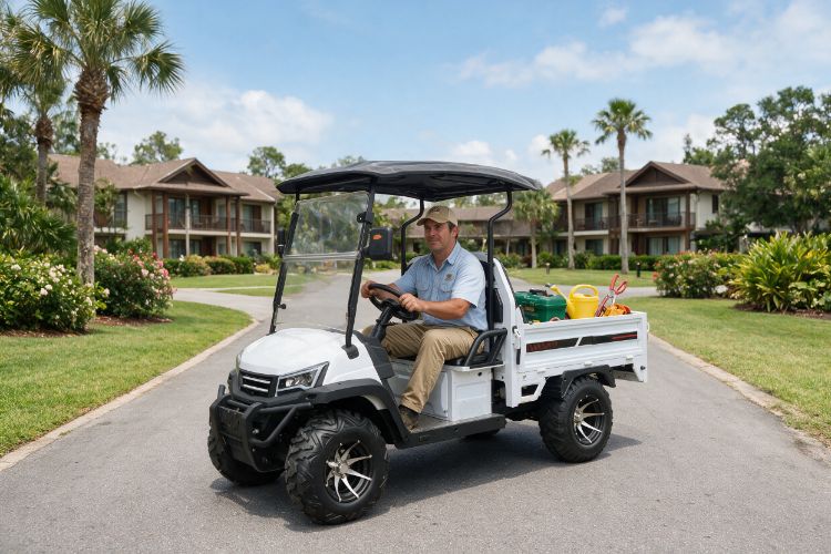 White utility vehicle on a landscaped property path
