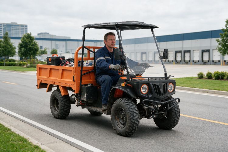 Orange utility vehicle outside a commercial building
