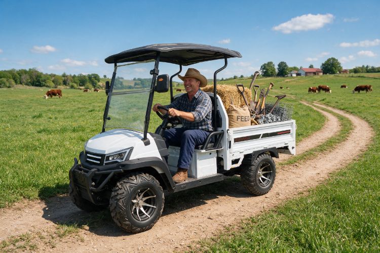 White utility vehicle carrying tools along a farm track
