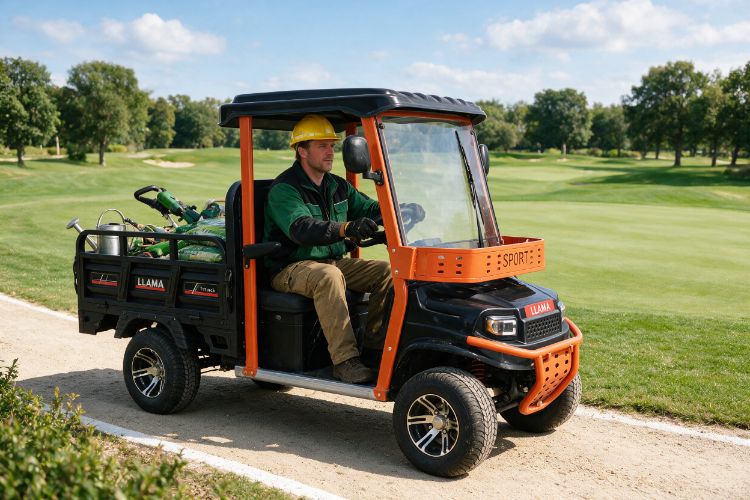 Utility vehicle carrying grounds-maintenance tools
