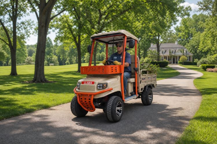 Utility vehicle on a tree-lined residential drive
