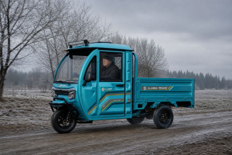 Enclosed cargo trike on a wintry property track
