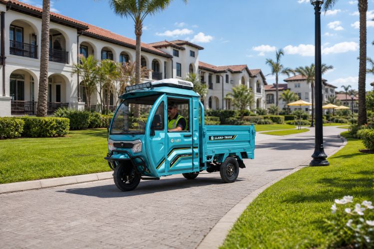 Enclosed cargo trike on a landscaped residential path
