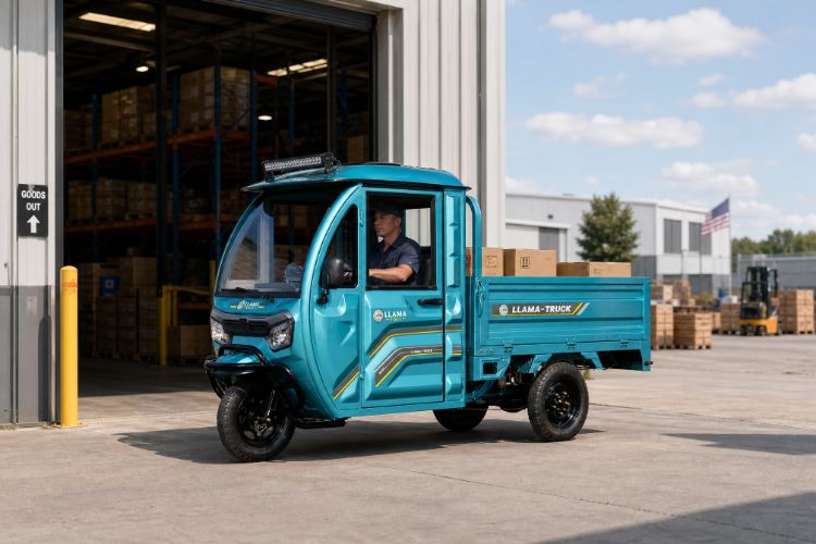Enclosed cargo trike carrying boxes outside a warehouse
