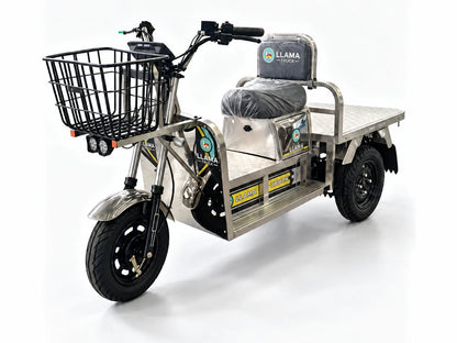LLAMA Platinum MINI compact electric cargo trike with front basket, front three-quarter view