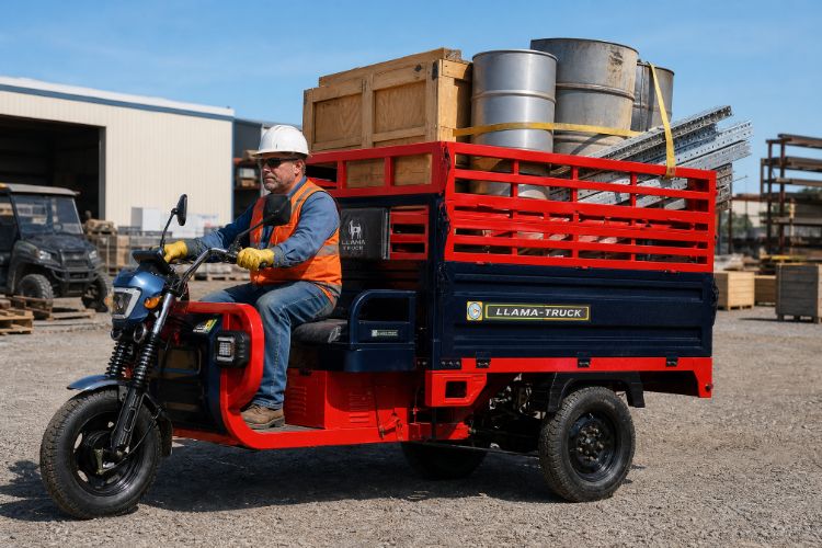 High-sided cargo trike carrying crates and drums
