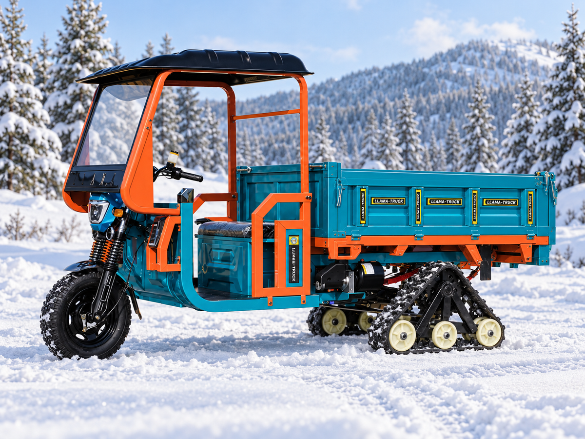 LLAMA Truck Blaze with optional rear rubber track conversion kit in snow — AI-generated visualization