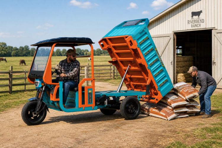 Cargo trike with its bed raised beside bags of farm supplies
