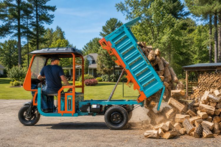 Cargo trike tipping firewood beside a woodpile
