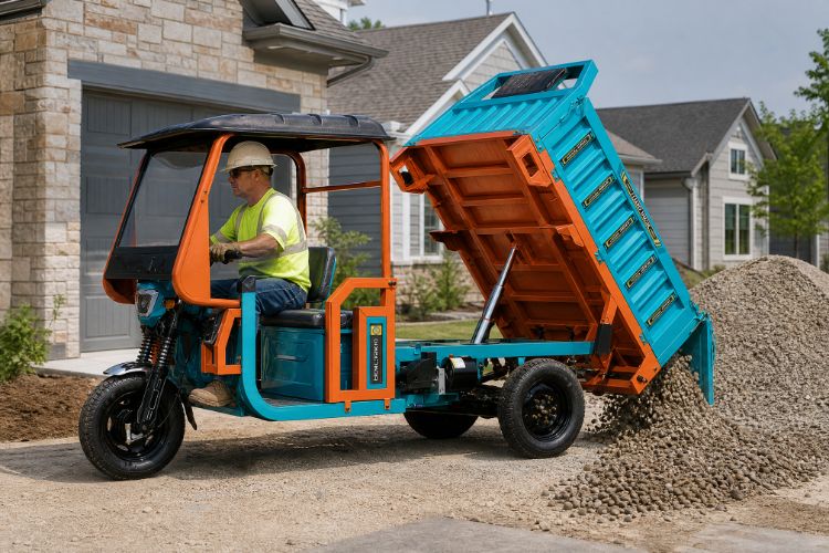 Cargo trike with its dump bed raised outside a house
