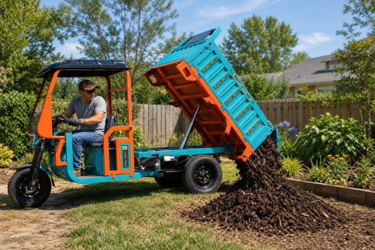 Cargo trike with its bed raised beside a pile of mulch
