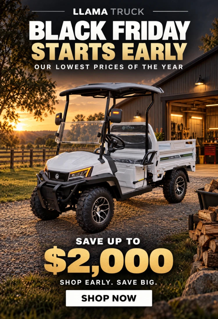 Vertical promotional banner for Llama Truck electric utility cart on a gravel farm driveway, featuring Black Friday early savings up to $2,000.
