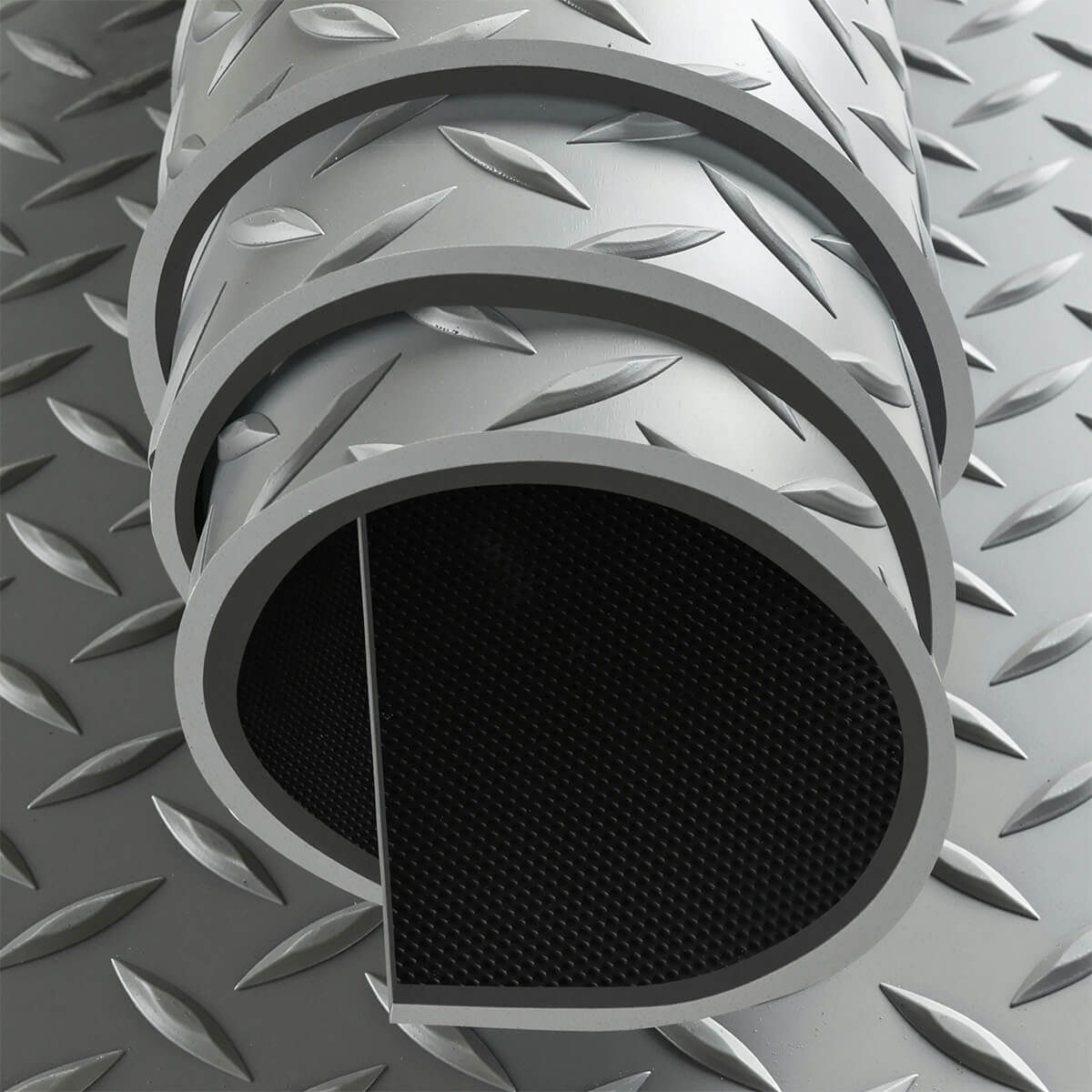 Rolled-up Llama Truck PVC Bed Mat showing 2.5mm thickness and dual-layer tear-resistant material.