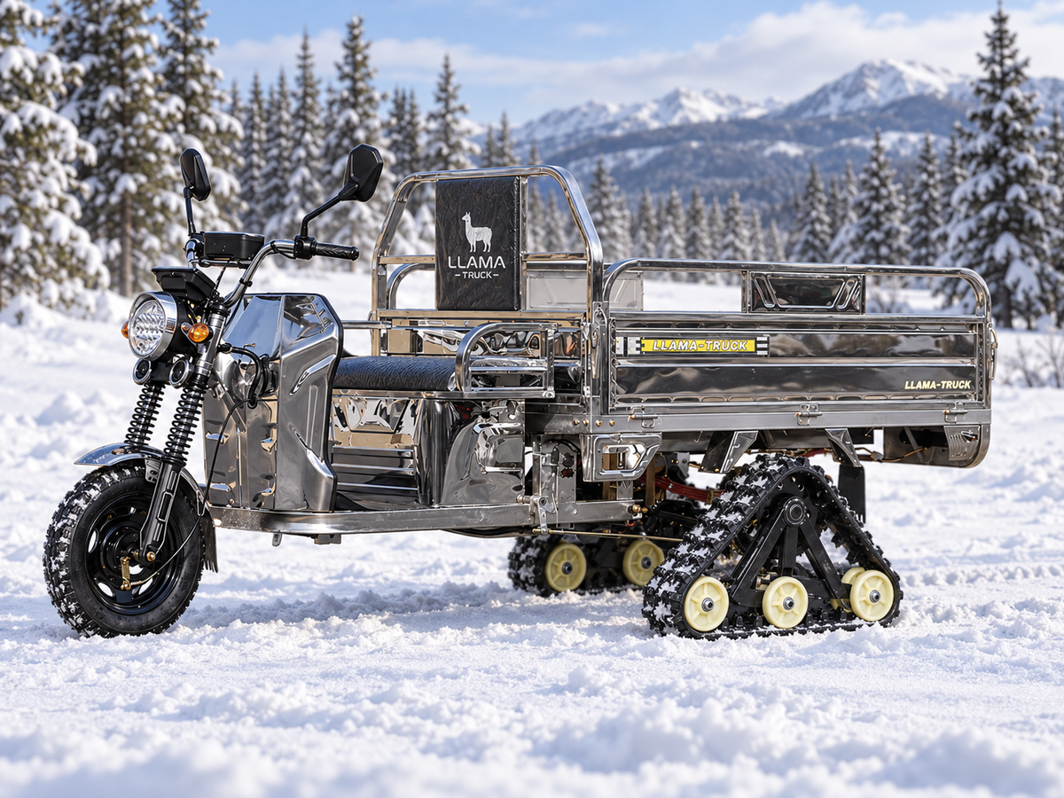 LLAMA Truck Platinum with optional rear rubber track conversion kit in snow — AI-generated visualization
