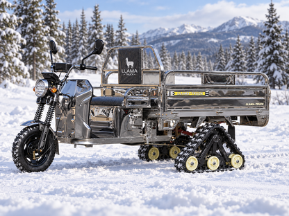 LLAMA Truck Platinum with optional rear rubber track conversion kit in snow — AI-generated visualization